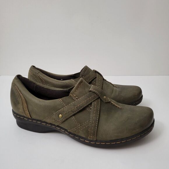 CLARKS Ideo Chilly Loafers Womens 9 M Green Leather Slip On Clogs Shoes Comfort - Picture 1 of 9